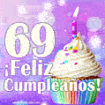 GIF para cumpleaños de 69 con pastel de cumpleaños y los mejores deseos