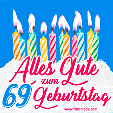 Ein buntes Geburtstags-GIF mit strahlenden Kerzen auf einer festlichen Torte zur Feier des 69.
