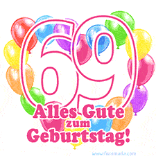 Ein verspieltes animiertes Geburtstags-GIF mit bunten Ballons in Herzform und der Zahl 69.