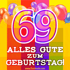 Große Zahl 35 in Umrissschrift, die Worte 'Alles Gute zum 69. Geburtstag', mehrfarbige animierte Ballons und lebendiger Hintergrund.