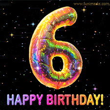 Shiny number 6 birthday celebration balloon with an iridescent glow and glitter on a black background with twinkling stars.