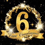Il numero 6 è circondato da un anello dorato brillante, accompagnato da un nastro elegante con la scritta 'Buon Compleanno!' su uno sfondo scuro.