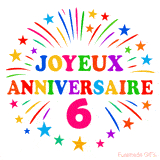 GIF animé joyeux anniversaire 6 ans avec étoiles multicolores et feu d’artifice