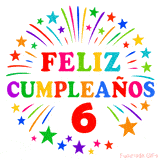 Imagen animada para felicitar los 6 años con letras de colores y diseño festivo.