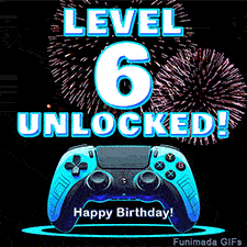 Animated GIF for a 6th birthday. The text 'Level 6 Unlocked!' and 'Happy Birthday!' are displayed over a blue video game controller with exploding fireworks in the background.