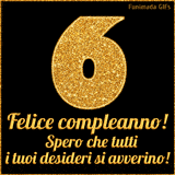 Un GIF animato per un 6° compleanno, Presenta il testo 'Buon Compleanno 6' su uno sfondo giallo vivo con palloncini colorati, festoni e una pioggia di coriandoli.