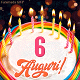 Un'animazione celebrativa di una torta di compleanno per i 6 anni, Le fiamme delle candeline tremolano e delle scintille brillano intorno, creando un'atmosfera festosa e magica.