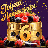 Une animation de célébration d'un gâteau de 6ème anniversaire, Des étoiles dorées tombent du ciel, mettant en valeur le texte 'Joyeux Anniversaire !' et le nombre doré 6 à l'avant du gâteau.