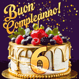 Un GIF animato di una bellissima torta per il 6° compleanno con glassa dorata e frutti di bosco freschi, Il numero dorato 6 è davanti, e stelle cadono su uno sfondo viola scuro.