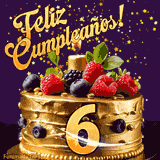 Una animación de celebración de una tarta para el 6º cumpleaños, Estrellas doradas caen del cielo, destacando el texto '¡Feliz Cumpleaños!' y el número dorado 6 en la tarta.