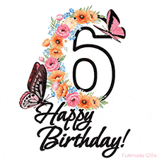 A floral 6th birthday animated greeting card. The number '6' is surrounded by animated flowers and butterflies, creating a beautiful and cheerful way to celebrate the milestone.