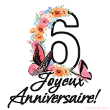 Ce GIF de Joyeux 6ème Anniversaire présente le nombre vingt rempli d'un bouquet vibrant de fleurs animées, avec des papillons qui bougent doucement sur un fond blanc.