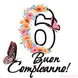 Questo GIF di Buon 6° Compleanno mostra il numero venti riempito con un vibrante bouquet di fiori animati, con farfalle che si muovono dolcemente su uno sfondo bianco.