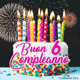 Raffigurazione GIF di buon compleanno 6 anni con una deliziosa torta bianca, coriandoli di zucchero e vivaci esplosioni di luce sullo sfondo.