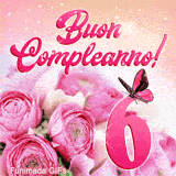 Raffigurazione GIF di buon compleanno 6 anni: fiori rosa intensi, una farfalla con ali colorate e un'atmosfera magica creata da stelle luccicanti.