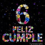 Joyas de varios colores estructuran el número 6 y las letras de FELIZ CUMPLE, contrastando con un fondo oscuro lleno de estrellas brillantes.