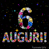 Il numero 6 e la scritta Auguri creati con gioielli brillanti di diverse tonalità su un fondo nero animato da piccole scintille di luce.