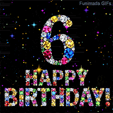 Sparkling bright colored diamonds form the digit 6 and Happy Birthday text, set against a dark backdrop speckled with small twinkling sparks of light.