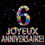 Le chiffre 6 et le lettrage Joyeux Anniversaire réalisés en joyaux éclatants de diverses couleurs sur une toile noire avec des étincelles.