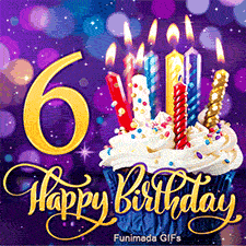 Large golden number 6 and cursive Happy Birthday text. Next to it is a frosted cupcake with colorful lit candles against a sparkling purple bokeh.