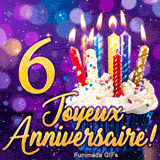 Image GIF pour les 6 ans montrant un gâteau avec bougies scintillantes et le texte Joyeux Anniversaire en lettres dorées.
