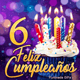Imagen GIF para los 6 años mostrando una tarta con velas encendidas y el texto Feliz Cumpleaños en letras doradas.