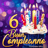 Immagine GIF per i 6 anni mostrante un dolcetto con candele accese e la scritta Buon Compleanno in lettere dorate.