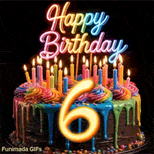 Animated rotating birthday cake with rainbow frosting, glowing neon Happy Birthday topper, and lit candles for 6th birthday.