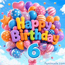 Animated balloon bouquet drifting in the wind. Soft 3D balloon letters form the words Happy Birthday above a prominent blue digit 6.
