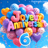 Flottant doucement dans le ciel bleu, des ballons multicolores affichent le texte Joyeux Anniversaire au-dessus du grand chiffre bleu 6.