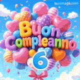 Fluttuando dolcemente nel cielo azzurro, palloncini multicolori mostrano il testo Buon Compleanno sopra il grande numero azzurro 6.