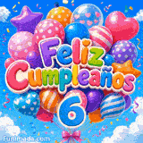 Imagen GIF para los 6 años mostrando el número 6 azul junto a globos de corazones y estrellas con confeti en el aire.