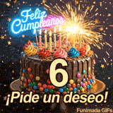 Lluvia de estrellas doradas sobre una deliciosa tarta que lleva el número 6. En la parte superior, luces de bengala y el mensaje Feliz Cumpleaños.