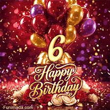 Red gold and purple balloons float above presents and roses framing the golden 6 and Happy Birthday text with sparkling confetti on a festive red scene