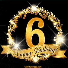 A golden 6th birthday GIF features a decorative circle and ribbon. The design sparkles with light and gold accents against a black background.