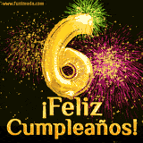 GIF animado con globos dorados en forma del número 6, acompañado de fuegos artificiales de colores y la frase '¡Feliz cumpleaños!' en letras vibrantes.