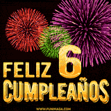 GIF animado con el número 6 en dorado, rodeado de fuegos artificiales rojos, verdes y morados, con el mensaje 'Feliz cumpleaños' en letras doradas.