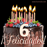 Animación de un pastel de chocolate decorado con frutas, velas encendidas y el número 6, acompañado de la palabra '¡Felicidades!' en elegante tipografía.