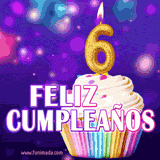 GIF animado de un cupcake decorado con confites, dos velas doradas encendidas formando el número 6, sobre un fondo púrpura brillante con destellos.