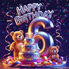 Festive 6th birthday animation featuring a bear, lit candles on a birthday cake, a bold number four, and streamers against a fun, party-style backdrop.