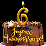 GIF animé pour un 6e anniversaire avec une élégante gâteau au chocolat, des bougies dorées formant le chiffre 6 et le texte 'Joyeux Anniversaire!' en écriture dorée.