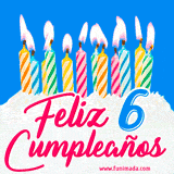 Animación de un pastel decorado con velas coloridas y encendidas, el número 6 destacado en azul y la frase 'Feliz cumpleaños' en letras estilizadas.