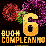 Animazione di fuochi d'artificio colorati con il numero 6 in oro brillante e la scritta 'Buon Compleanno' su uno sfondo nero festivo ed elegante.