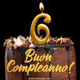 GIF animato con una torta al cioccolato decorata con crema, dettagli dorati e due candele accese che formano il numero 6. Messaggio 'Buon Compleanno' in scritta elegante.