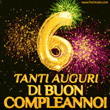 Palloncini dorati a forma del numero 6, accompagnati da scintille e fuochi d'artificio su sfondo nero, con il messaggio 'Tanti auguri di Buon Compleanno!'.