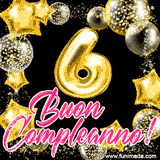 Animazione con palloncini dorati a forma del numero 6, circondati da decorazioni scintillanti e la scritta 'Buon Compleanno!' in caratteri rosa accattivanti.