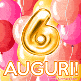 Bouquet animato di palloncini multicolori che emergono da una scatola regalo, con il numero 6 e la scritta 'Tanti Auguri!' su uno sfondo pieno di coriandoli.