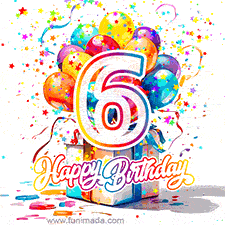 A festive birthday age GIF with animated star confetti, colorful balloons, and a gift box with the number 6. The text reads 'Happy Birthday'.
