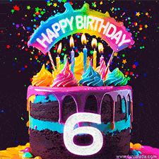 Chocolate cake with cyan layers, pink dressing and a big number 6 adorned with vibrant multicolored frosting, lit candles, and a rainbow topper with text that says 'Happy Birthday'. Animated colorful confetti move behind the cake.