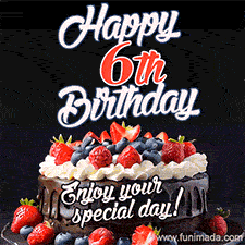 A birthday greeting card image. It features a chocolate cake with berries and the text 'Happy 6th Birthday. Enjoy your special day!'